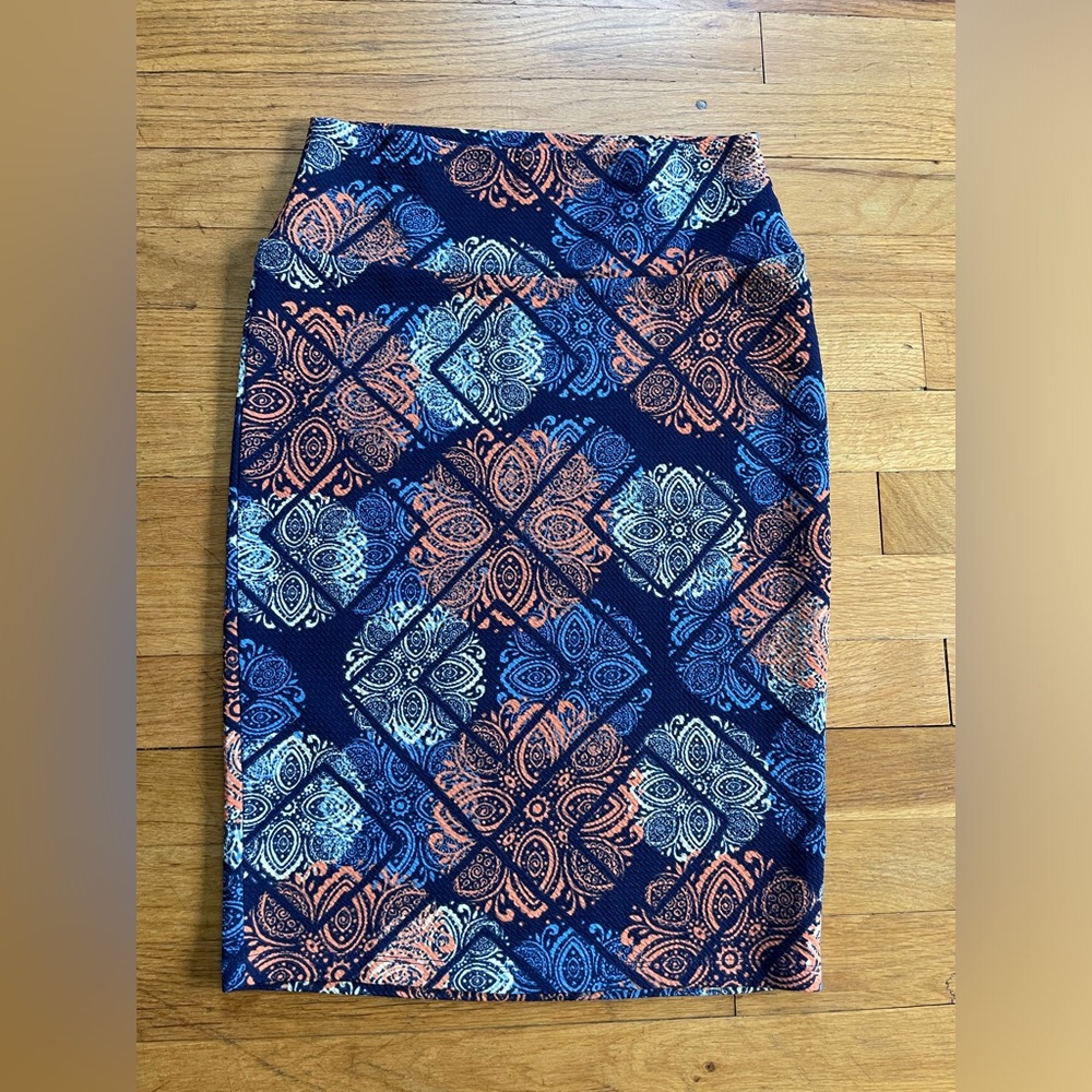 LuLaRoe Navy Blue Orange and Light Blue Printed Pencil Skirt